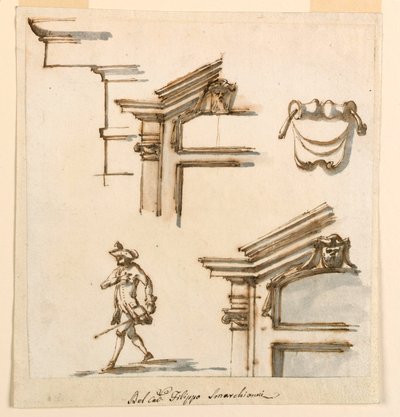 Piirustus, arkkitehtoniset yksityiskohdat ja hahmotutkimus, 1760-75 tekijältä Filippo Marchionni