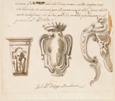 Piirustus, konsolin ja lippuselän luonnos, 1763 tekijältä Filippo Marchionni