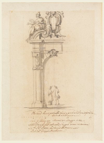 Piirustus, Porttisuunnitelma Saksasta palaavan paavi Pius VI:n vastaanottoa varten Anconassa toukokuussa 1782. tekijältä Filippo Marchionni