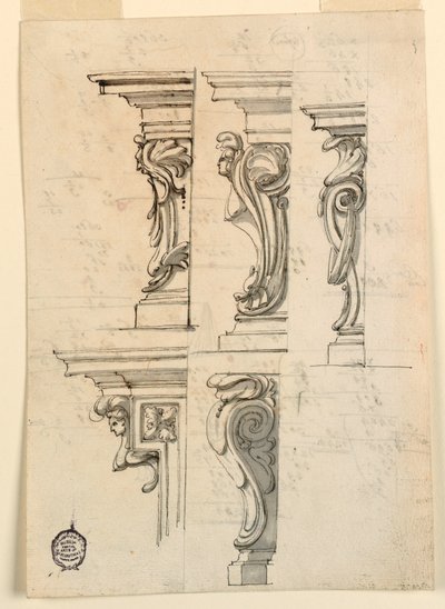 Piirustus, Viisi kulmamotiivia, n. 1750 tekijältä Filippo Marchionni