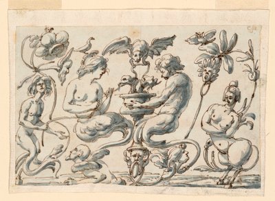 Piirustus, groteski pitkulaiselle paneelille, 1730-50 tekijältä Filippo Marchionni