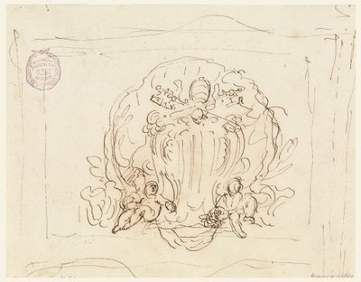 Piirros, Paavi Benedictus XIV:n vaakunalla varustettu taulu, taustalla kuori, 1740-58. tekijältä Filippo Marchionni