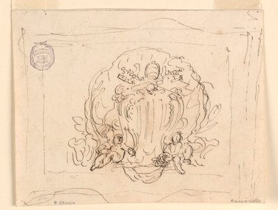 Piirros, Paavi Benedictus XIV:n vaakunalla varustettu taulu, taustalla kuori, 1740-58. tekijältä Filippo Marchionni