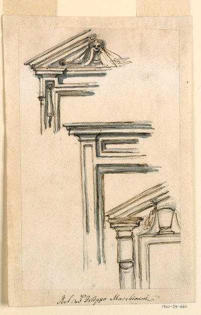 Piirustus, Kolme ikkuna- tai ovikoteloa, n. 1770. tekijältä Filippo Marchionni