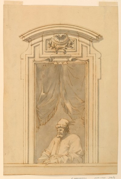 Piirustus, Ikkunalaatikko ja puolikas turkkilaishahmo, 1750-70 tekijältä Filippo Marchionni