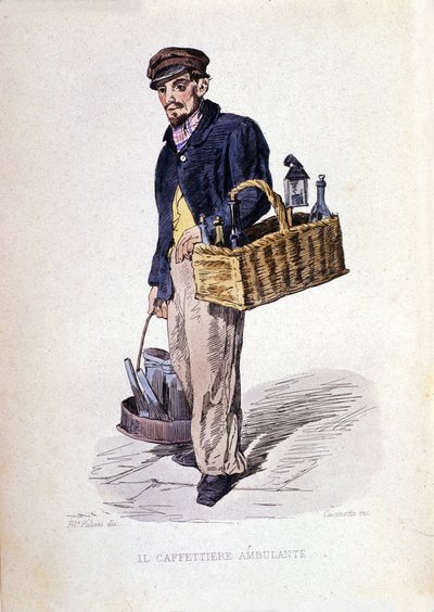 Napolin kaupungin pienyritys: "caffettiere", napolilainen kahvikauppias. Kaiverrus F. Palizzan maalauksen jälkeen. Francesco de Bourcardin teoksesta "" Costumi del regno di Napoli"" tekijältä Filippo Palizzi