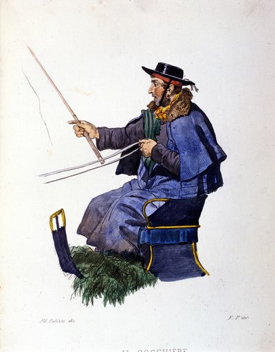 Napolin kaupungin pienyritys: valmentaja. Kaiverrus F. Palizzan maalauksen jälkeen. Francesco de Bourcardin teoksesta "" Costumi del regno di Napoli"" tekijältä Filippo Palizzi