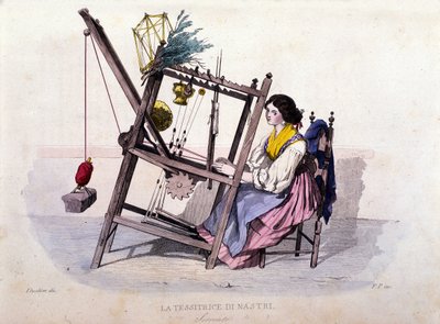 Napolin valtakunnan pienyritys: nuori nainen Sorrentosta kutomassa nauhoja. Kaiverrus F. Palizzan maalauksen jälkeen. Francesco de Bourcardin teoksesta "" Costumi del regno di Napoli"" tekijältä Filippo Palizzi