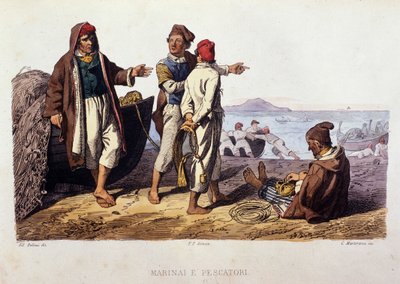 Napolin kuningaskunnan pieni joukko: merimiehiä ja kalastajia. Kaiverrus F. Palizzan maalauksen jälkeen. Francesco de Bourcardin teoksesta "" Costumi del regno di Napoli"" tekijältä Filippo Palizzi