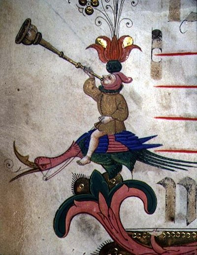 Missal 515 f.9r Torvea puhaltava hahmo, kiinnitetty valjastettuun lintuun, yksityiskohta koristeellisesta reunasta ennen vuotta 1449 tehdystä kuorokirjasta (88907:n yksityiskohta) tekijältä Filippo di Matteo Torelli