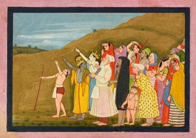 Krishna ja hänen perheensä ihailevat auringonpimennystä, ehkä sivua "Kangra/Modi" <em>Bhagavata Puranasta</em> tekijältä First generation after Nainsukh