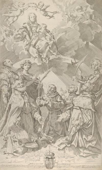 Bolognan suojeluspyhimykset katsovat ylöspäin Neitsyt, joka istuu pilvissä..., 1640-50. tekijältä Flaminio Torre