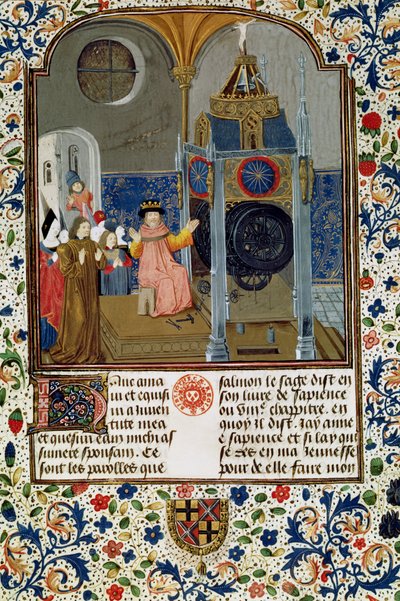 2095 Fr. 455 f.9 Kotitalous ihailemassa mestarien harvinaista kelloa moraalia käsittelevästä tutkielmasta, 1400-luvun puoliväli tekijältä Flemish School