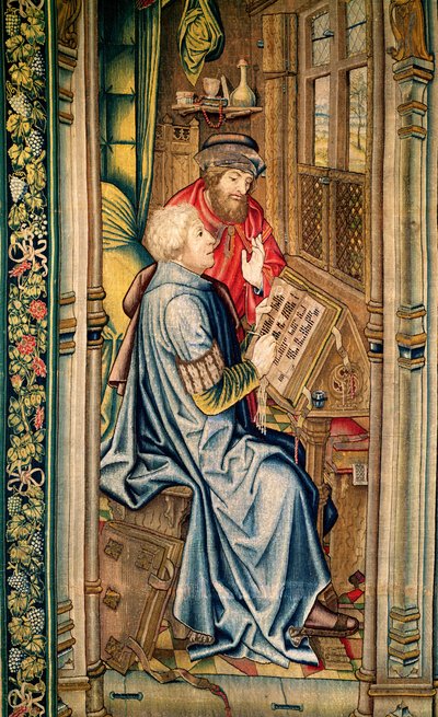 Kirjankirjoittaja kirjoittaa kertomusta, yksityiskohta Liiton arkin kuljettamisesta, Daavidin ja Batseban kuvakudos, n. 1510-1515 tekijältä Flemish School