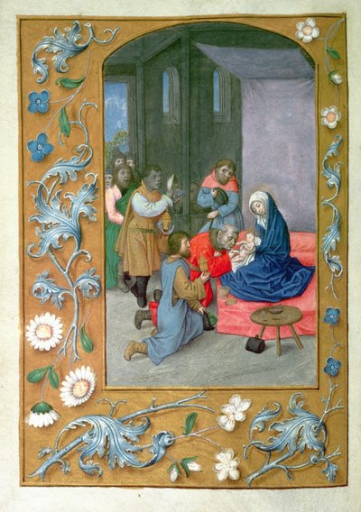 Lisää 54782 f.119v Adoration of the Child, Hastings Hoursista, n.1475-83 (vellum) tekijältä Flemish School