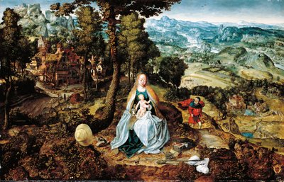 Laaja maisema: The Rest on the Flight to Egypt, Antwerpen School, n. 1520 tekijältä Flemish School