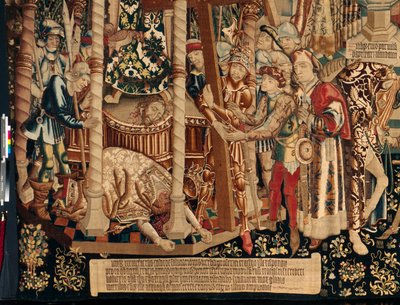 Katedraali (Zaragozan Vapahtajan Seo Ca katedraali). Kuvakudosmuseo. Flanderin kuvakudos. Pyhän Ristin legenda (Pyhän Ristin legenda, Pyhän Ristin legenda). Yksityiskohta. Noin 1450. 430x1120cm. tekijältä Flemish School