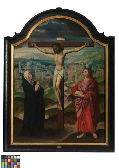Triptyykin keskipaneeli ristiinnaulitsemalla ja teksteillä (öljy paneelissa) tekijältä Flemish School