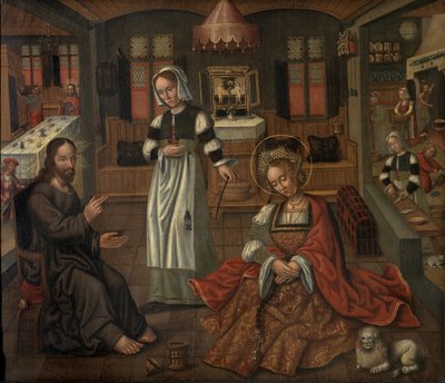 Kristus Betaniassa Martan ja Marian talossa (öljy paneelissa) tekijältä Flemish School