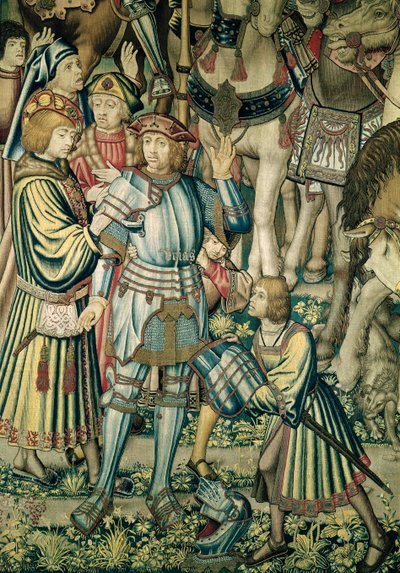 Yksityiskohta heettiläisen Urian aseistetusta ratsastajien kokoamisesta, Daavidin ja Batseban kuvakudos, n. 1510–1515 (katso myös 98092) tekijältä Flemish School