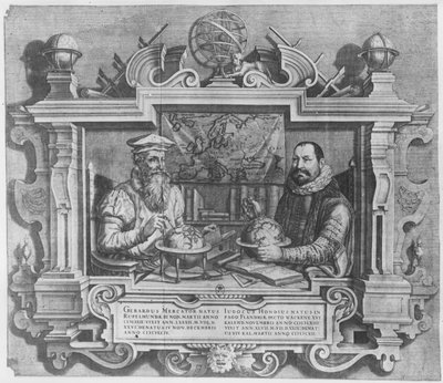 Kaksoismuotokuva Gerard Mercatorista (1512-94) ja Jodocus Hondiuksesta (1563-1612) kaiverrettu sisällytettäväksi Mercatorin ja Hondiuksen atlassarjaan, 1619 (katso myös 10457 ja 30866 tekijältä Flemish School