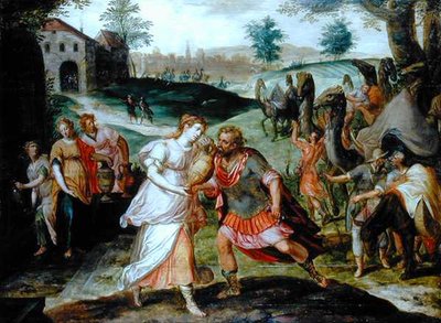 Elieser ja Rebekka kaivon äärellä, noin 1580 (öljy paneelille). tekijältä Flemish School