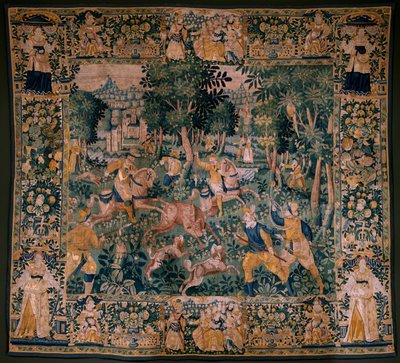 Flanderin kuvakudos. Hirvenmetsästys (hirven metsästys). Oudenaarden ateljee. 295x331 cm. Lasku (82941)-1 / YKSITYINEN. 17. vuosisata. tekijältä Flemish School