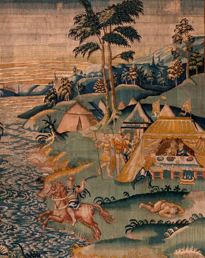 Flanderin kuvakudos. Sotilasleiri lähellä Granikos-jokea. Oudenaarden ateljee. 377x393 cm. Lasku 83104-9 /00011. 17. vuosisata. tekijältä Flemish School