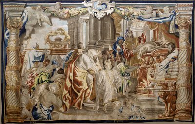 Flanderin kuvakudos. Sarja Eukaristian apotheosis. Mosaiikkilain uhraus (Sacrificio de la Ley Mosaica). Mallisarjakuva on kopioitu Rubensin alkuperäisestä. Brysselin valmistus. Valmistaja Frans van den Hecke. 1700-luvun puoliväli. Kangas Silkki ja villa, tekijältä Flemish School