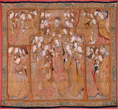 Flanderin kuvakudos. Sarja Devotion of Our Lady tai Golden kankaat. Neitsyen kruunaus (La Coronación de la Virgen). Sarjan neljäs kuvakudos. Mallisarjakuvapiirtäjä Colyn de Coterin piiristä. Valmistus Pieter van Aelst, Bryssel. Noin 1500-15 tekijältä Flemish School