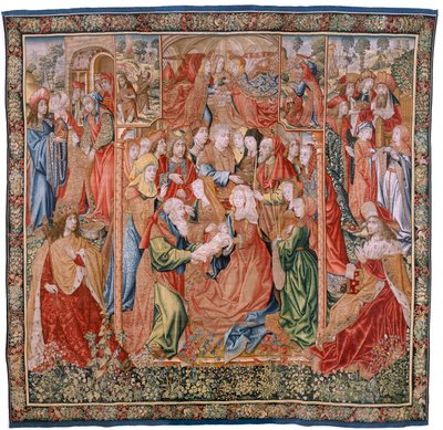 Flanderin kuvakudos. Sarja Episodes from the Life of the Virgin; Esitys temppelissä (Presentación en el Templo). Sarjan toinen kuvakudos. Jan van Roomen (tai van Brusselin) nimissä olevat mallit. Valmistus Pieter van Aelst, Bryssel. Noin 1502-1504. tekijältä Flemish School
