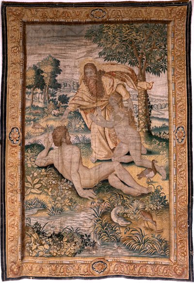 Flanderin kuvakudos. Sarja Genesis tai Luomisen mies. Jumala luo Naisen ja esittelee hänet Aadamille (Dios crea a la mujer y la presenta a Adán). Malli perustuu Michiel Coxcieen. Valmistus Jan Aerst Brysselissä. Noin 1630. Kangas Silkki ja villa. tekijältä Flemish School