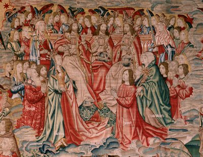 Flanderin kuvakudos. Sarja Ihmisen lunastus tai paheet ja hyveet. Kristus nousee taivaaseen ja ihminen lunastetaan Jumalan edessä (Cristo asciende al Cielo y el Hombre se redime ante Dios). Sarjan yhdeksäs kuvakudos (neljäs niistä, joita säilytetään Palenc tekijältä Flemish School