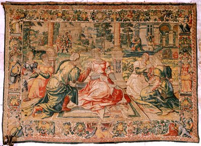 Flanderin kuvakudos. Sarja Mark Anthony ja Cleopatra. Kleopatra ja hänen hovinsa (Cleopatra en su corte). Pieter Coecke van Aelstin mallisarjakuva. Valmistus Brysselissä(?). 1500-luvun toinen puoli. Kangas Silkki ja villa. Koko 310 x 435 cm. Alkuperä tekijältä Flemish School