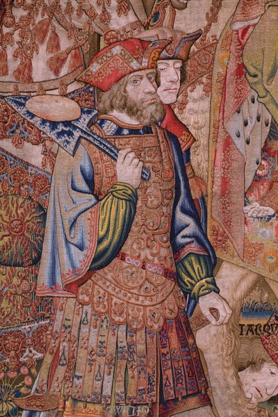 Flanderin kuvakudos. Sarjan moraalit: kunnianosoitusten hyve (De deugd van de Honores, The Virtue of honors). Noin 1520. Yksityiskohta tekijältä Flemish School