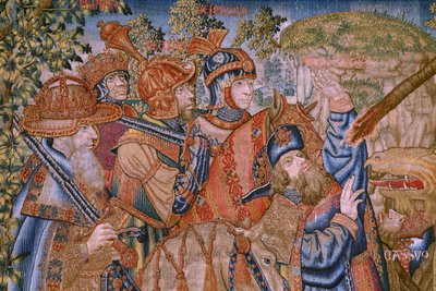 Flanderin kuvakudos. Sarjan moraalit: kunnianosoitusten hyve (De deugd van de Honores, The Virtue of honors). Noin 1520. Yksityiskohta tekijältä Flemish School