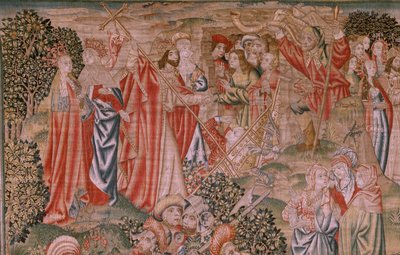 Flanderin kuvakudos. Sarja Ihmisen lunastus tai paheet ja hyveet. Kristuksen ylösnousemus (Resurrección de Cristo). Sarjan kahdeksas kuvakudos (ensimmäinen Burgosissa säilytetyistä). Valmistus Brysselissä. Noin 1510. Kangas Silkki ja villa, 7 loimi/cm. tekijältä Flemish School
