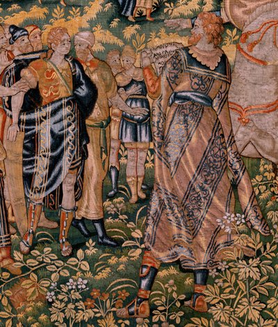 Flanderin kuvakudos. Sarjan tarina Cyrusista. No II Astyages tunnistaa Cyroksen (Ciro reconocido por Astiages). Anonymous, perustuu Michiel Coxcieen. Atelier Antwerpen. Silkki ja villa. Noin 1590. tekijältä Flemish School