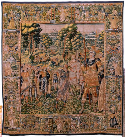 Flanderin kuvakudos. Sarjan tarina Cyrusista. No II Astyages tunnistaa Cyroksen (Ciro reconocido por Astiages). Anonymous, perustuu Michiel Coxcieen. Atelier Antwerpen. Silkki ja villa. Noin 1590. tekijältä Flemish School