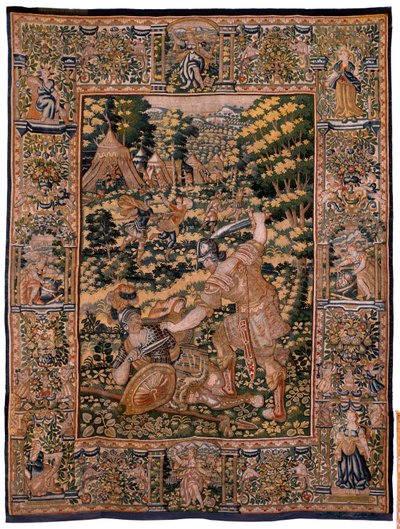 Flanderin kuvakudos. Sarjan tarina Cyrusista. No V -taistelu kahden soturin välillä ja Cyrusin kuolema (Combate de dos guerreros y muerte de Ciro). Anonymous, perustuu Michiel Coxcieen. Atelier Antwerpen. Silkki ja villa. Noin 1590. tekijältä Flemish School