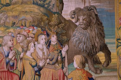 Flanderin kuvakudos. Sarja The Apocalypse: Pyhä Mikael voitti lohikäärmeen. Atelier Willem Dermoyen, Bryssel. Noin 1553-1555. Yksityiskohta. tekijältä Flemish School