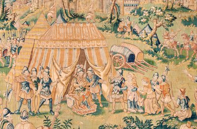 Flanderin kuvakudos. Sarja Judith kirja. Judith ennen Holofernes (Judith ante Holofernes). Sarjan viides kuvakudos. Valmistus Alankomaat, Bryssel(?). 1500-luvun toinen puoli. Kangas Villa. Sijainti Pyhän Nikolauksen Barilaisen kirkko (mus tekijältä Flemish School