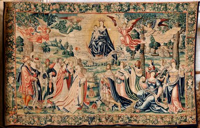 Flanderin kuvakudos. Sarja The Hail. Salve Regina. Valmista Brysselin työpajoja, mahdollisesti Marc Crétif. Noin 1528. Koko 412 x 652 cm. Kangas Silkki ja villa. Sijainti Palencian katedraali. Alkuperä Piispa Fonsecan testamentti vuonna 1529. Näytössä tekijältä Flemish School