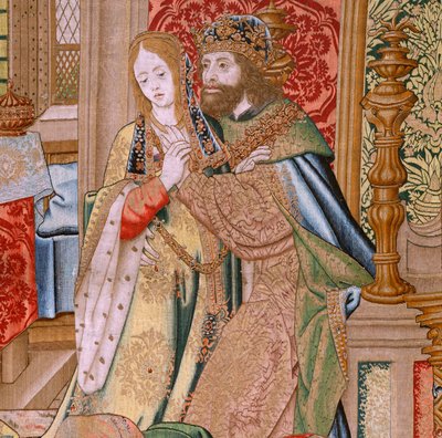 Flanderin kuvakudos. Sarja Daavidin ja Batseban historia. Daavidin ja Batseban avioliitto (Casamiento de David y Betsabé). Sarjan toinen paneeli. Nimetön malli. Valmistus tuntematon, Bryssel. 1505. Kangas Kulta, silkki ja villa. tekijältä Flemish School
