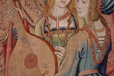 Flanderin kuvakudos. Sarja Daavidin ja Batseban historia. Profeetta Nathan tuomitsee kuningas Daavidin (El profeta Natán reprende a David). Sarjan kolmas paneeli. Nimetön malli. Valmistus tuntematon, Bryssel. 1505. Kangas Kulta, silkki ja villa. tekijältä Flemish School