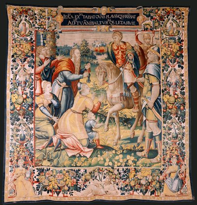 Flanderin kuvakudos. Sarja Hannibalin historia. Hannibal Italiassa (Aníbal en Italia). Kolmas kuvakudos säilyneistä. Mallit Anonyymi Hollannin mestari. Brysselin valmistus, työpaja. Noin 1570. Kangas Villaa ja silkkiä. 6,5/7 loimi/cm. Koko tekijältä Flemish School