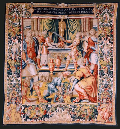 Flanderin kuvakudos. Sarja Hannibalin historia. Hannibalin vala (Juramento de Aníbal). Ensimmäinen kuvakudos sarjassa. Sarjakuvat anonyymi Hollannin mestari. Brysselin valmistus, työpaja. Noin 1570. Kangas Villa ja silkki, 6,5/7 loimi/cm. Koko 34 tekijältä Flemish School