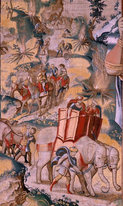 Flanderin kuvakudos. Sarja Hannibalin historia. Alppien ylitys (Paso de los Alpes). Toinen säilöttyjen kuvakudos. Mallit Anonyymi Hollannin mestari. Brysselin valmistus, työpaja. Noin 1570. Kangas Villa ja silkki, 6,5/7 loimia per tekijältä Flemish School