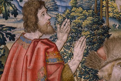 Flanderin kuvakudos. Sarja Pyhän Johannes Kastajan historia: Kristuksen kaste (Het doopsel van Christus). Brysselin ateljee. 1515-1520. tekijältä Flemish School