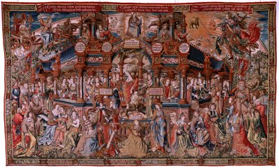 Flanderin kuvakudos. Sarja The Honours. Hyve (La Virtu, El Vicio). Sarjan kahdeksas kuvakudos. Mallisarjakuvapiirtäjät Bernard van Orleyn ja Jan Gossaertin (Mabuse) piiristä. Valmistus Pieter van Aelst, Bryssel. Noin 1550. Kangas Kulta, hopea, silkki a tekijältä Flemish School